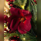 Guirlanda de Natal 90 cm com LED, Magnólias Vermelhas e Folhagens Douradas