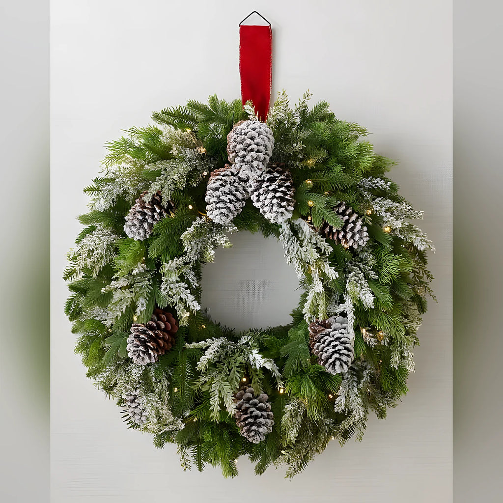 Guirlanda de Natal 90 cm com LED, Pinhas Nevadas e Folhagens Verdes