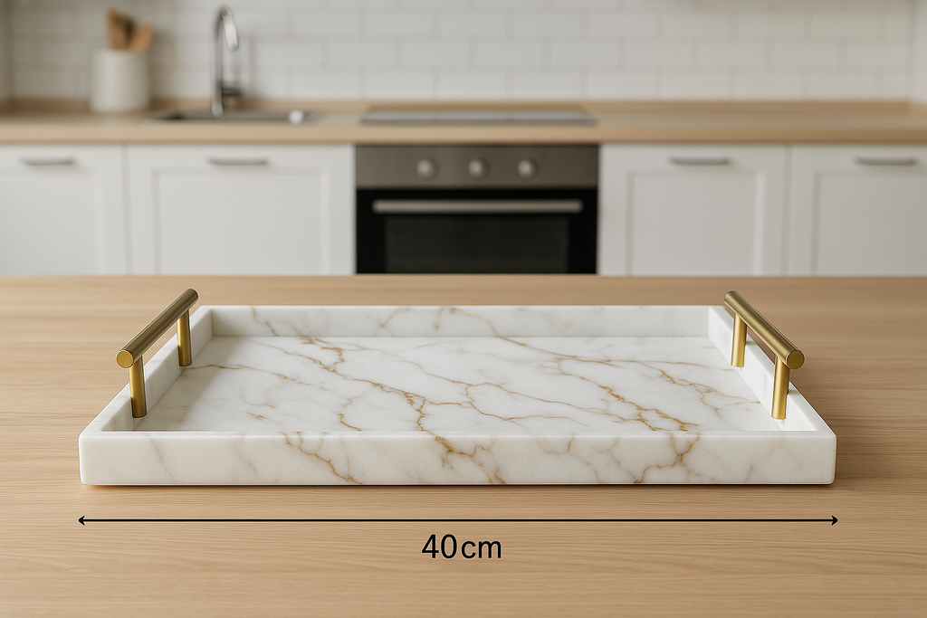 Bandeja Decorativa Mármore Branco com Alças Douradas 40x25cm