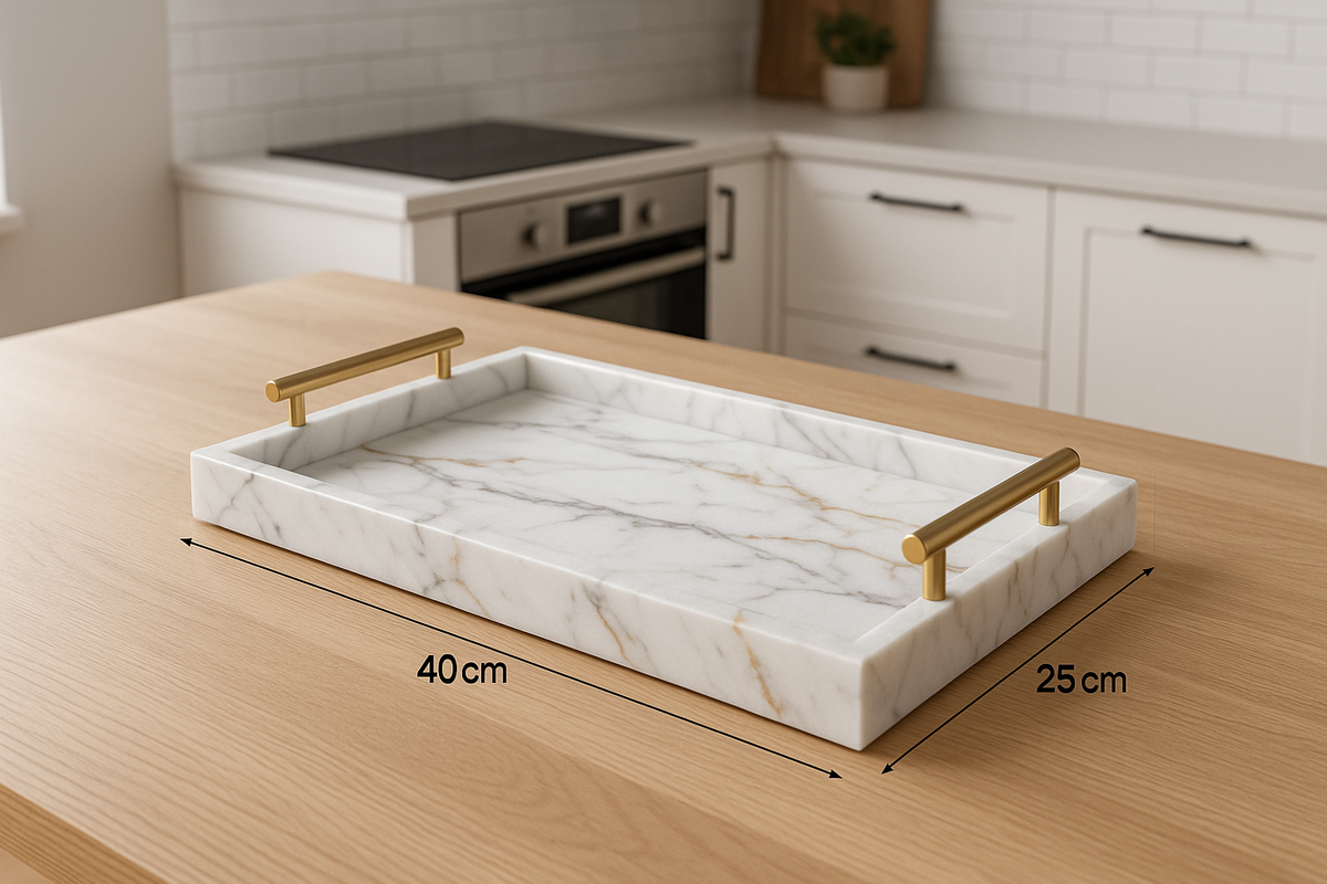 Bandeja Decorativa Mármore Branco com Alças Douradas 40x25cm