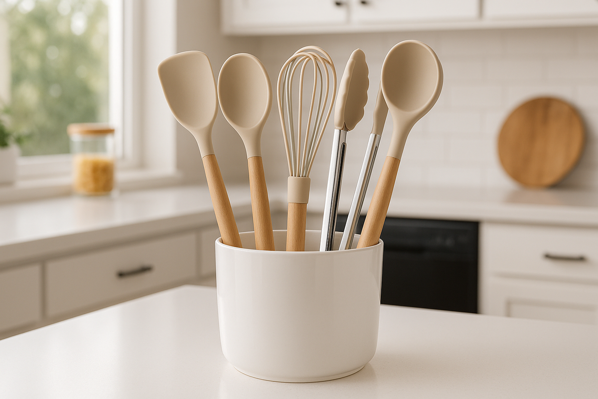 Conjunto 5 Utensílios Silicone com Cabo Madeira e Porta Utensílios