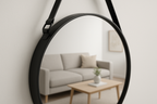 Espelho Decorativo Redondo 60cm Moldura Preta com Alça Couro
