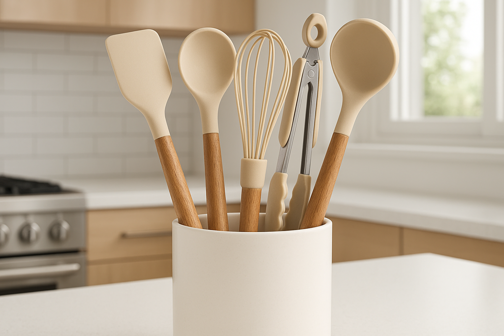 Conjunto 5 Utensílios Silicone com Cabo Madeira e Porta Utensílios