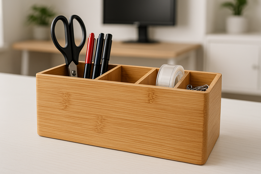 Organizador de Mesa Bambu Natural 4 Compartimentos 25x15cm