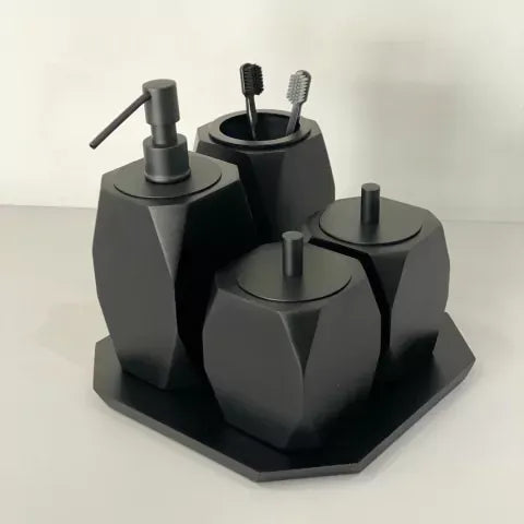 Kit de banheiro 4 peças em resina valência + bandeja cristal Marfim com Preto Fosco