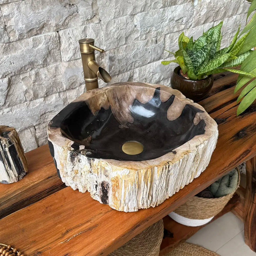 Cuba de Banheiro em Madeira Fossilizada 42x39x15cm