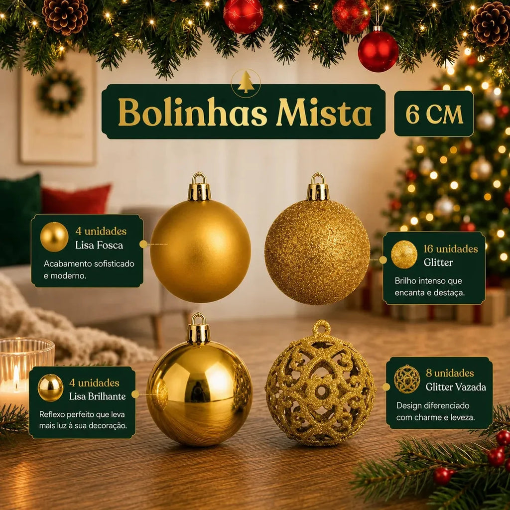 Kit 100 Bolas de Natal Douradas 3, 4 e 6 cm + Ponteira Estrela + Maleta Organizadora