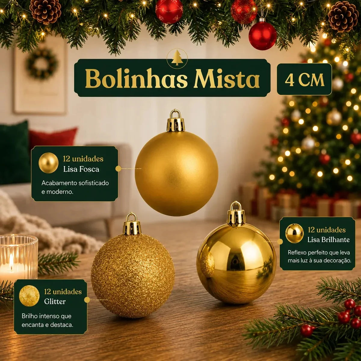 Kit 100 Bolas de Natal Douradas 3, 4 e 6 cm + Ponteira Estrela + Maleta Organizadora