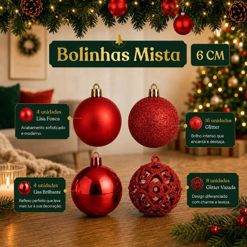 Kit 100 Bolas de Natal Vermelhas 3, 4 e 6 cm + Ponteira Estrela + Maleta Organizadora