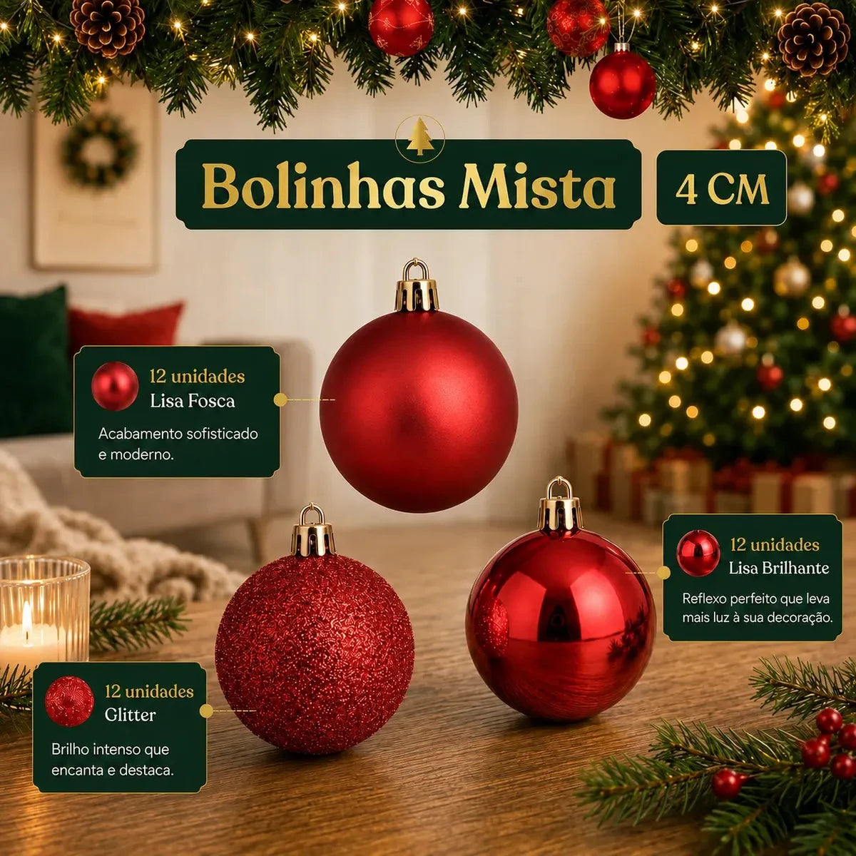 Kit 100 Bolas de Natal Vermelhas 3, 4 e 6 cm + Ponteira Estrela + Maleta Organizadora