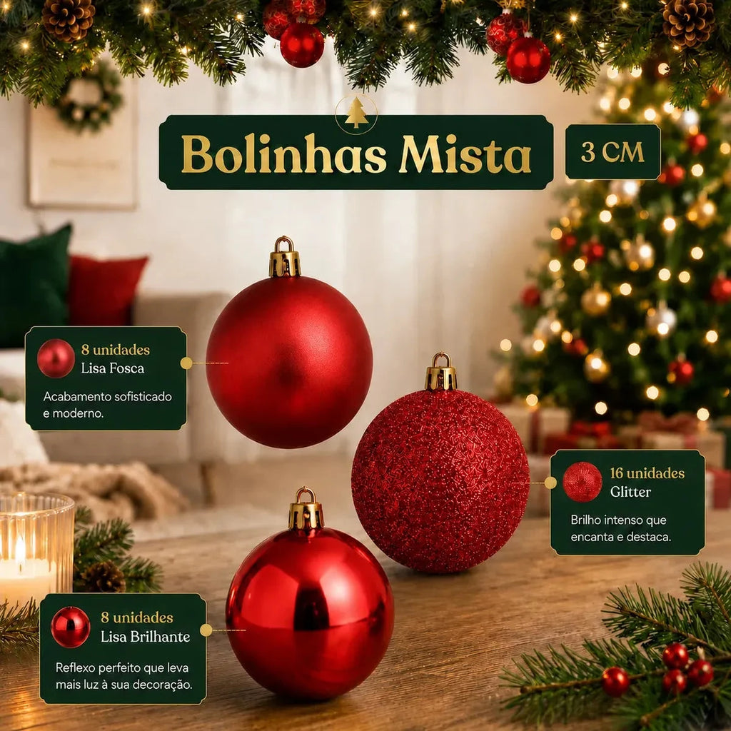 Kit 100 Bolas de Natal Vermelhas 3, 4 e 6 cm + Ponteira Estrela + Maleta Organizadora