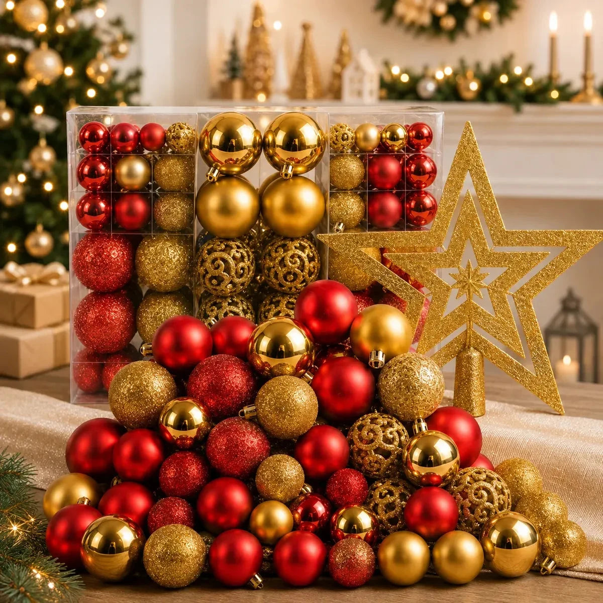 Kit 100 Bolas de Natal Vermelho e Dourado 3, 4 e 6 cm + Ponteira Estrela Dourada