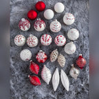 Kit 25 Enfeites para Árvore de Natal Vermelho, Branco e Prata – Coleção Inverno Clássico