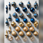 Kit 32 Enfeites para Árvore de Natal Azul e Dourado com Bolas e Pendentes