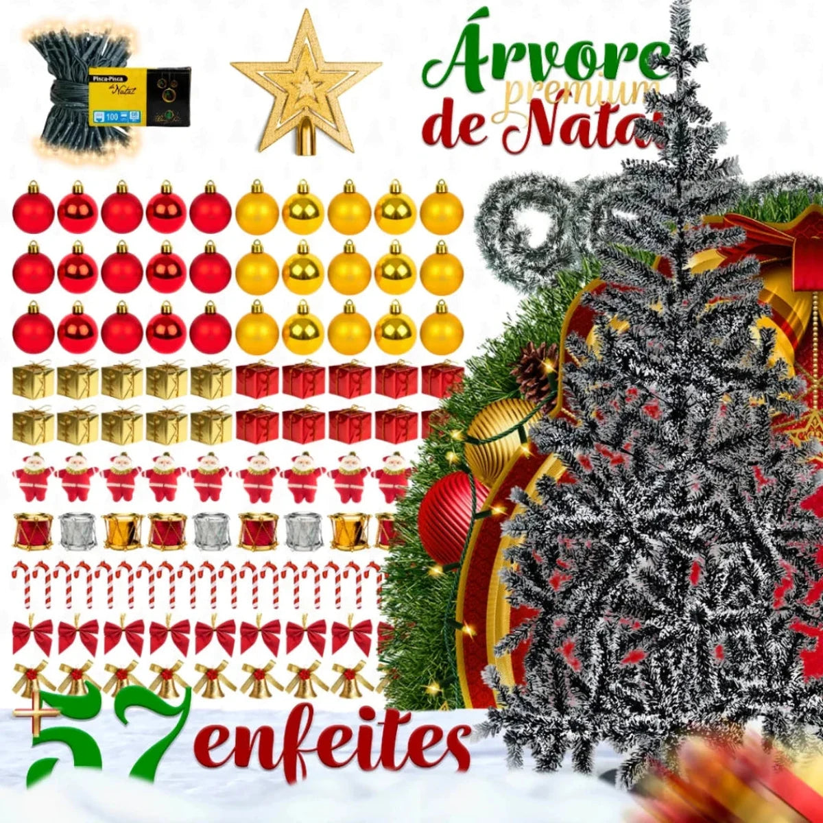 Kit Árvore de Natal Completa Decorada com Enfeites e Pisca LED – 1,20 m, 1,50 m ou 1,80 m