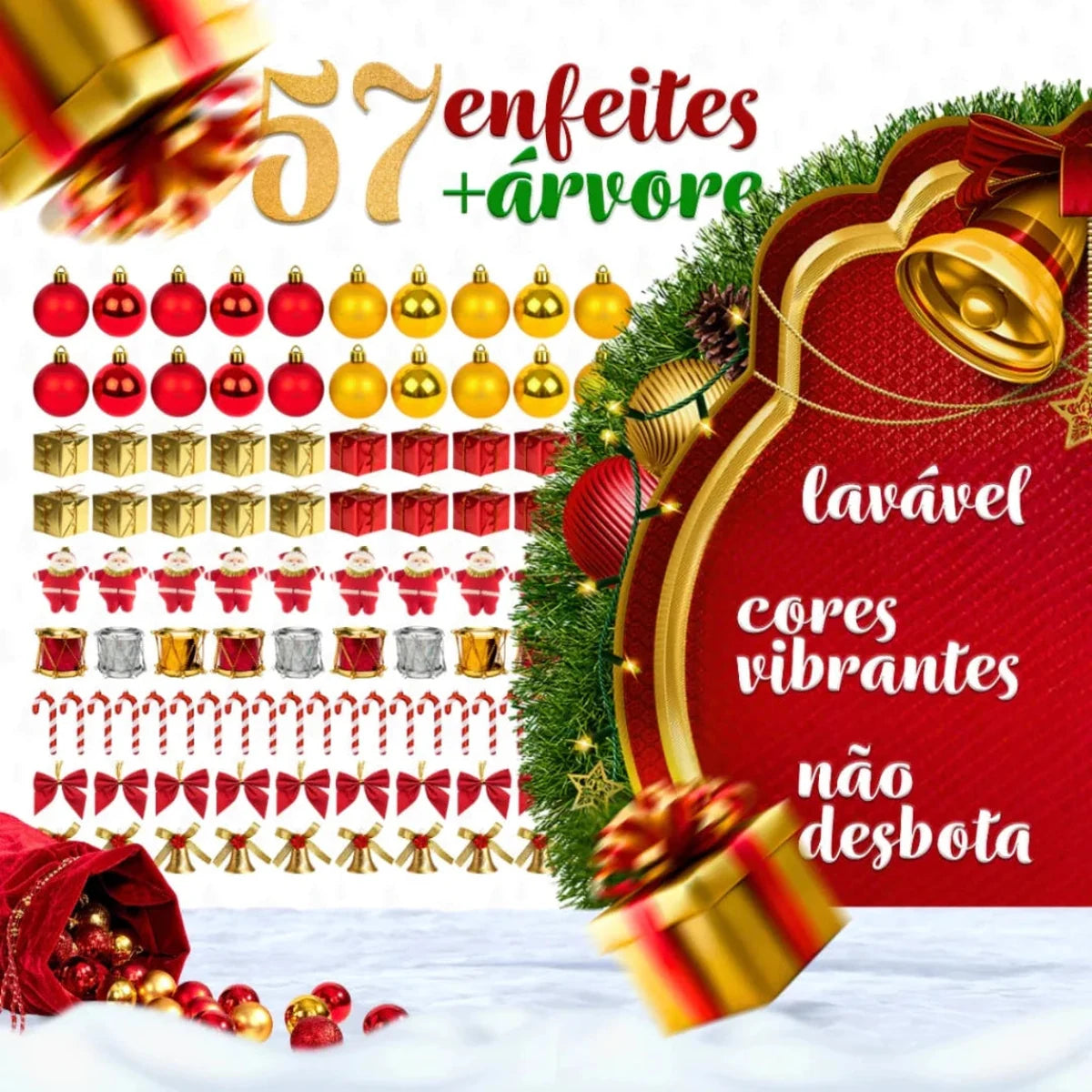 Kit Árvore de Natal Completa Decorada com Enfeites e Pisca LED – 1,20 m, 1,50 m ou 1,80 m