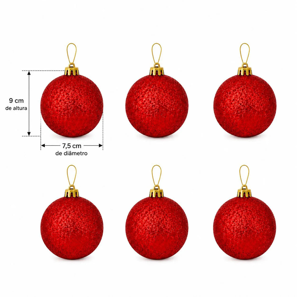 Kit Bolas de Natal Vermelhas com Glitter 7,5cm