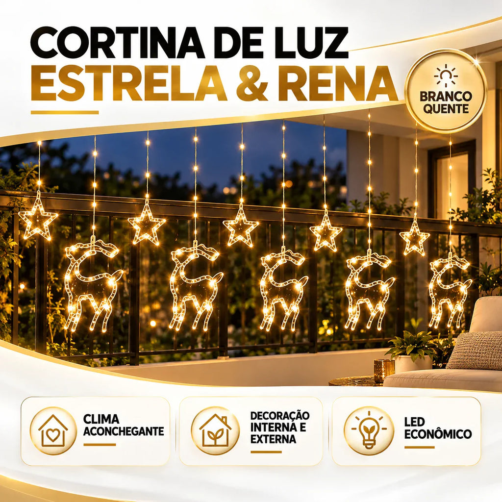 Cortina de Luz Estrela e Rena LED 3m - Decoração de Natal para Janela