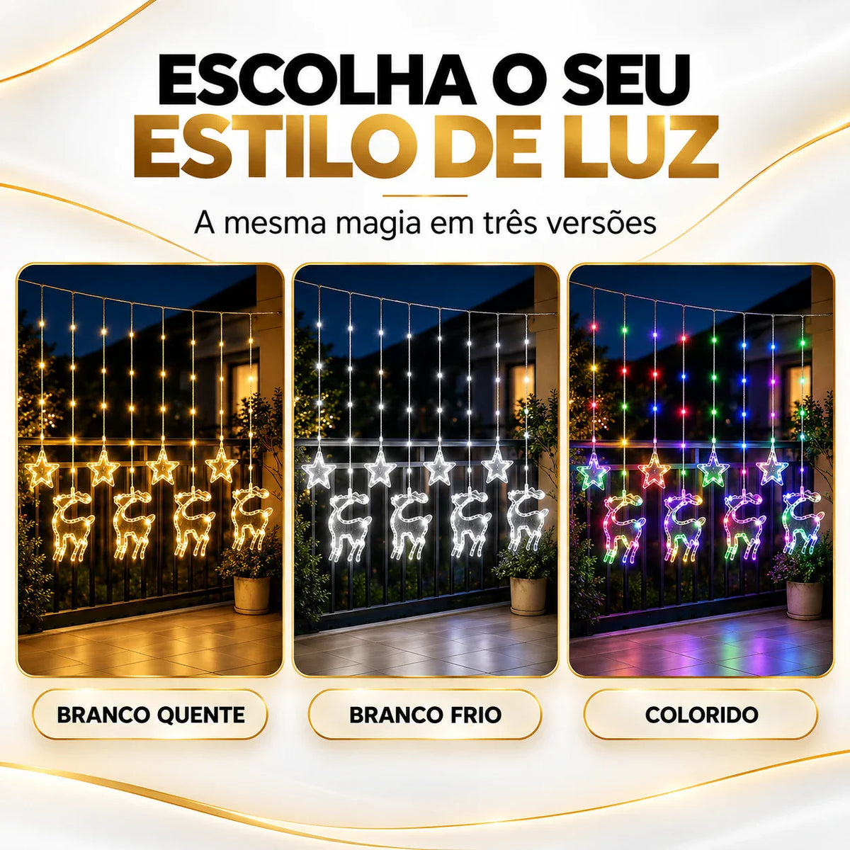 Cortina de Luz Estrela e Rena LED 3m - Decoração de Natal para Janela
