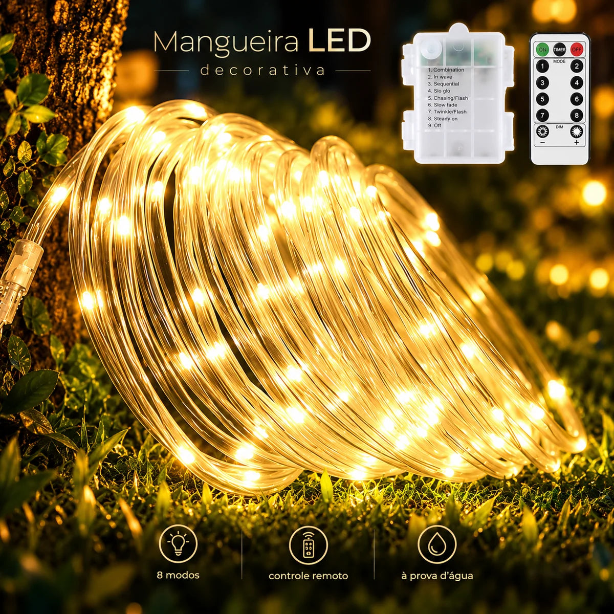 Luzes de Corda LED com Controle Remoto - A Pilha, 8 Modos