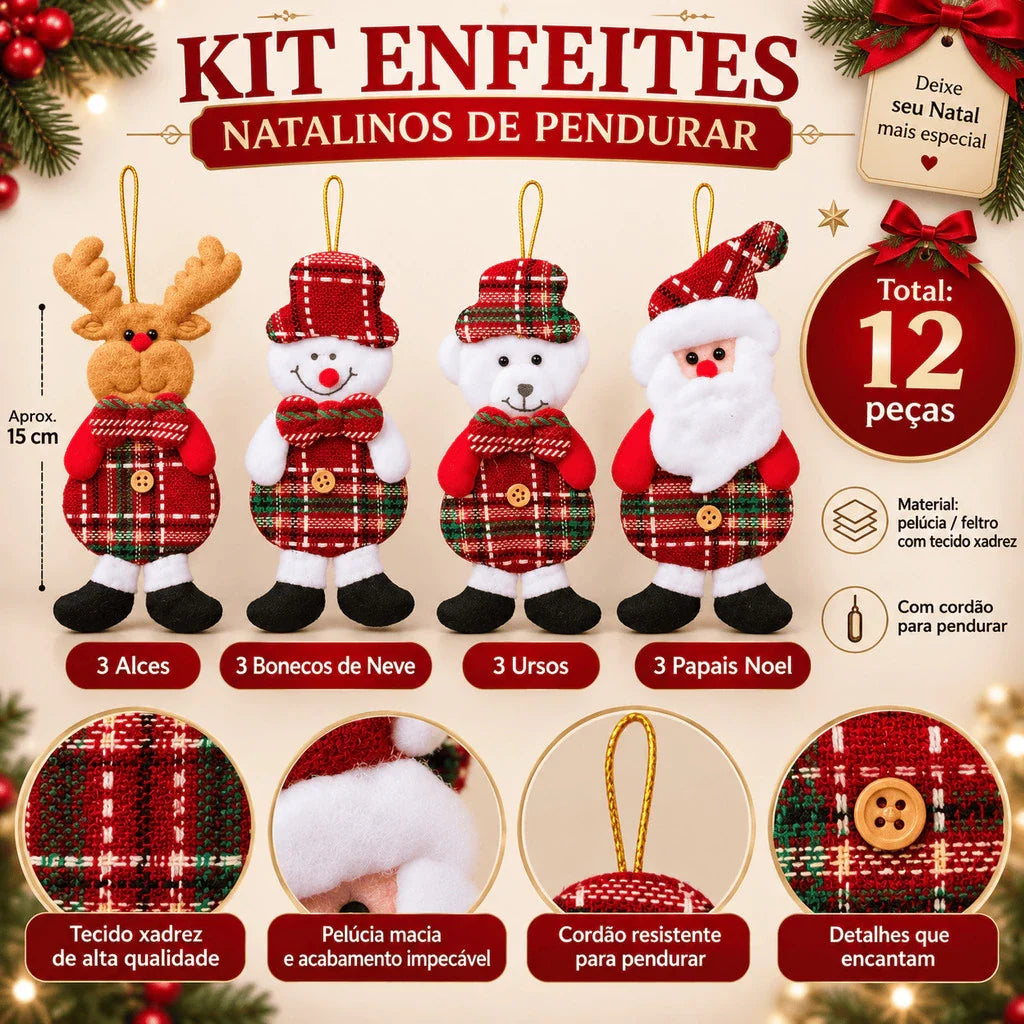 Kit 12 Enfeites Natalinos de Pelúcia - Papai Noel, Boneco de Neve, Urso e Alce