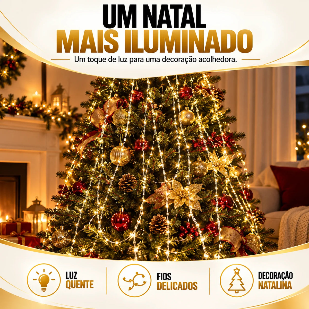 Pendente Iluminado 876 LEDs 8 Hastes 3m - Luz Quente Bivolt