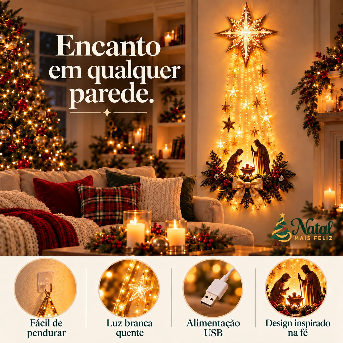 Presépio Sagrada Noite – Decoração de Parede Iluminada com Estrela de Belém