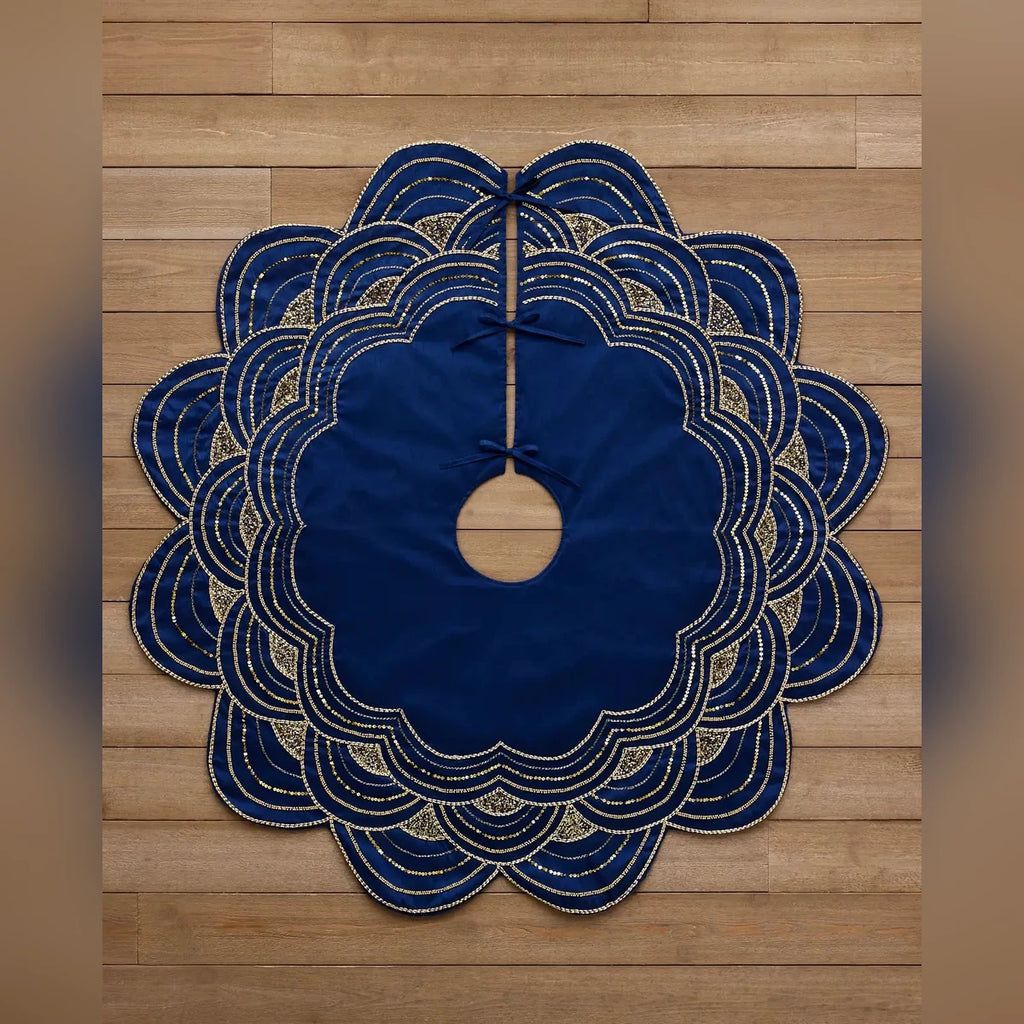 Saia para Árvore de Natal Azul Marinho com Bordados e Paetês Dourados