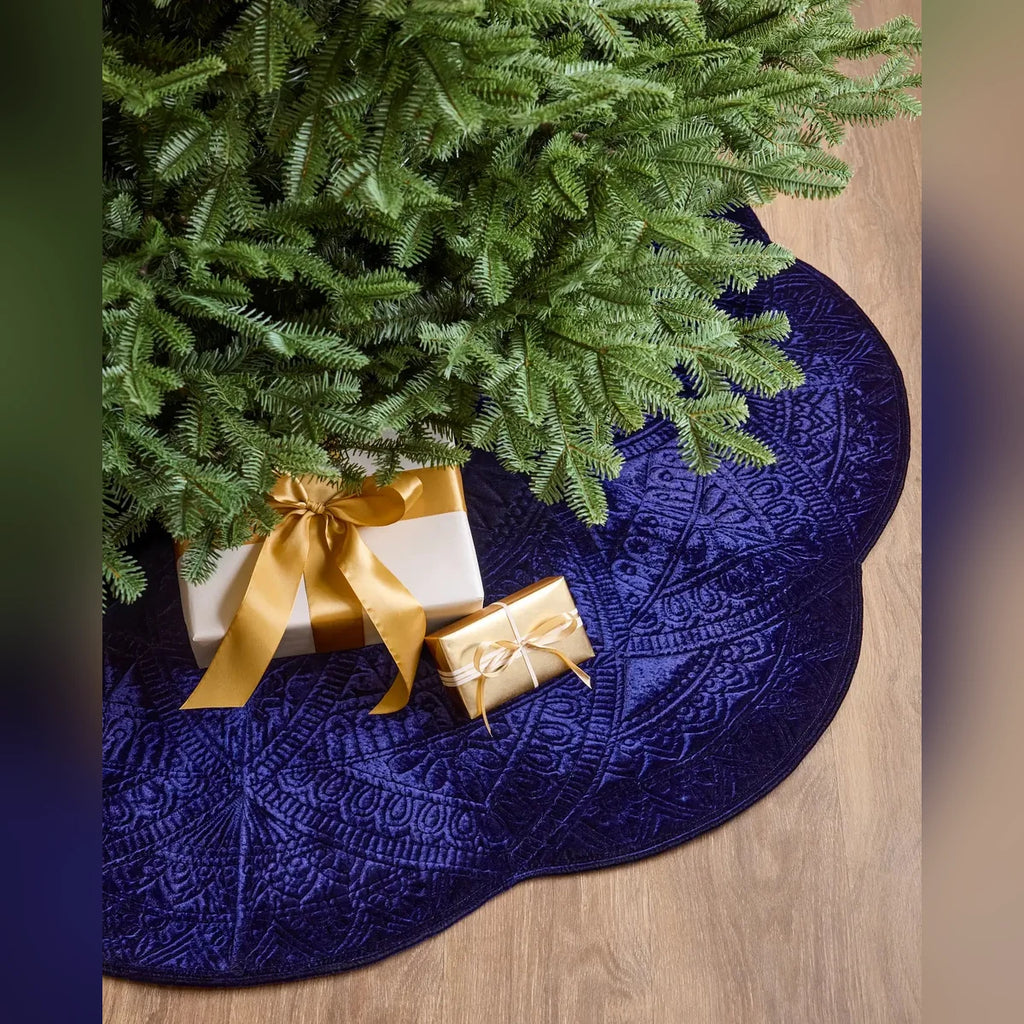 Saia para Árvore de Natal em Veludo Azul Meia-Noite com Relevo