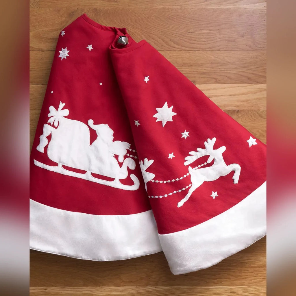 Saia para Árvore de Natal em Veludo Vermelho com Papai Noel e Renas