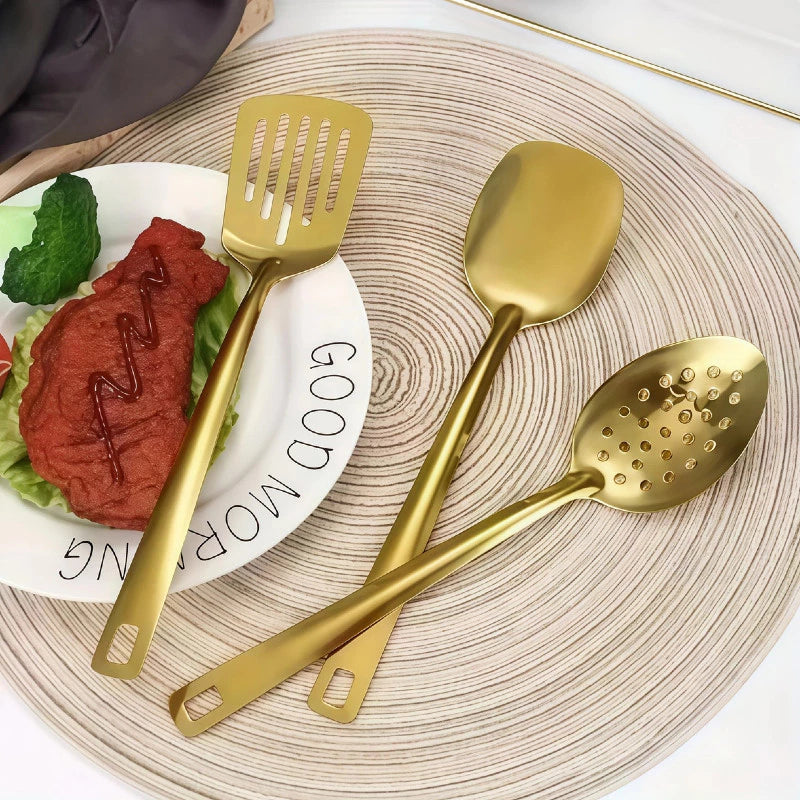 Kit Utensílios de Cozinha 11 Peças Aço Inox Dourado Premium