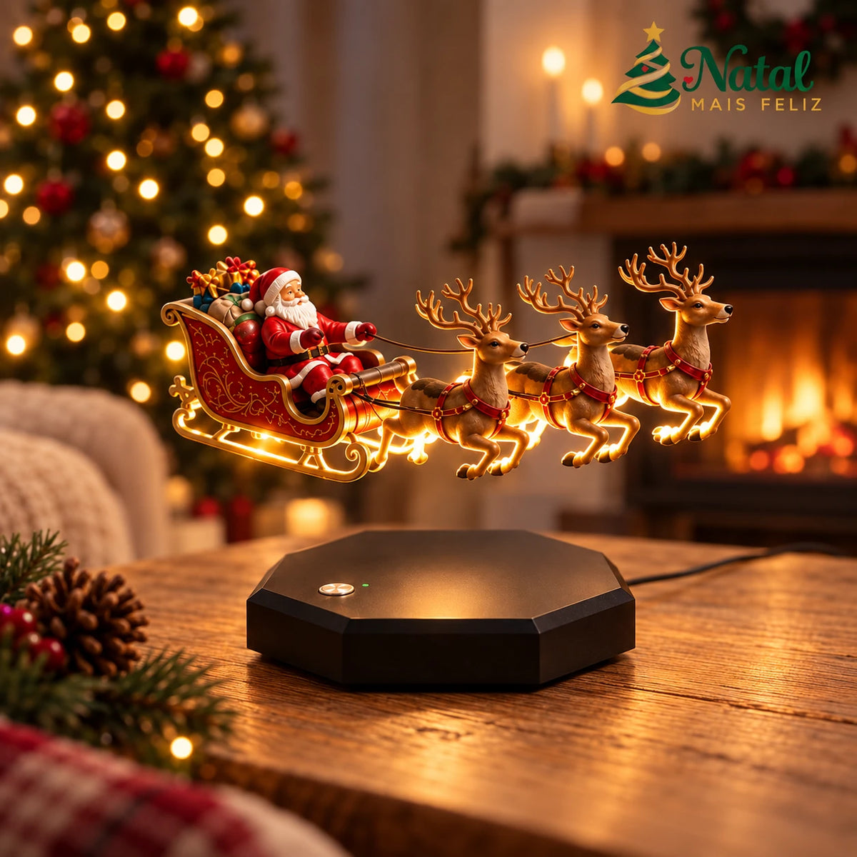 Trenó Encantado do Papai Noel com Renas – Luminária Natalina Flutuante