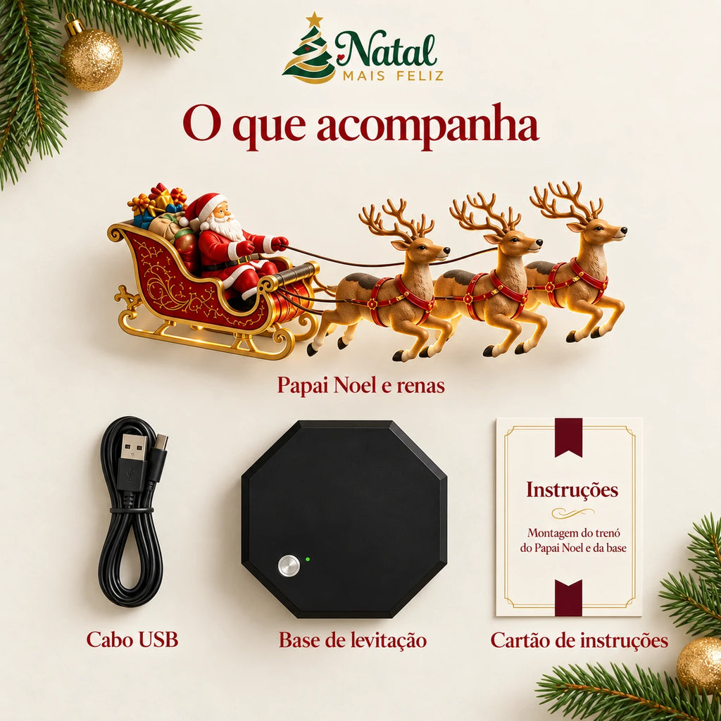 Trenó Encantado do Papai Noel com Renas – Luminária Natalina Flutuante