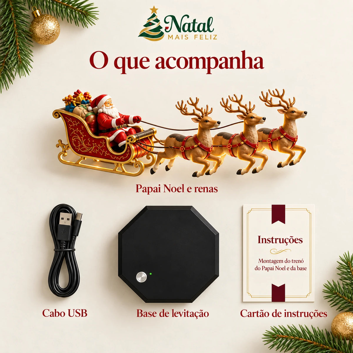 Trenó Encantado do Papai Noel com Renas – Luminária Natalina Flutuante