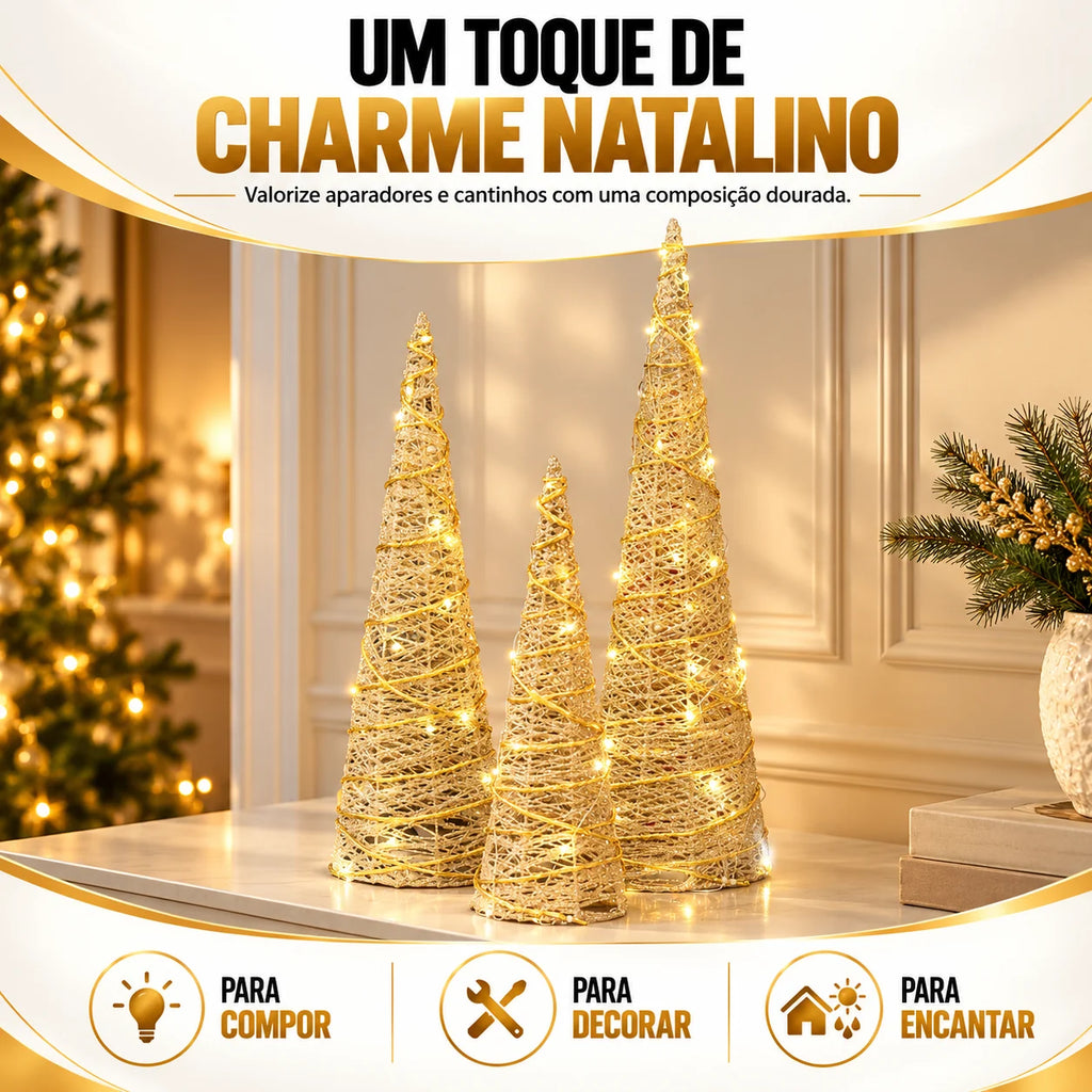 Trio de Árvores Cone Douradas com LED - 40, 50 e 60 cm