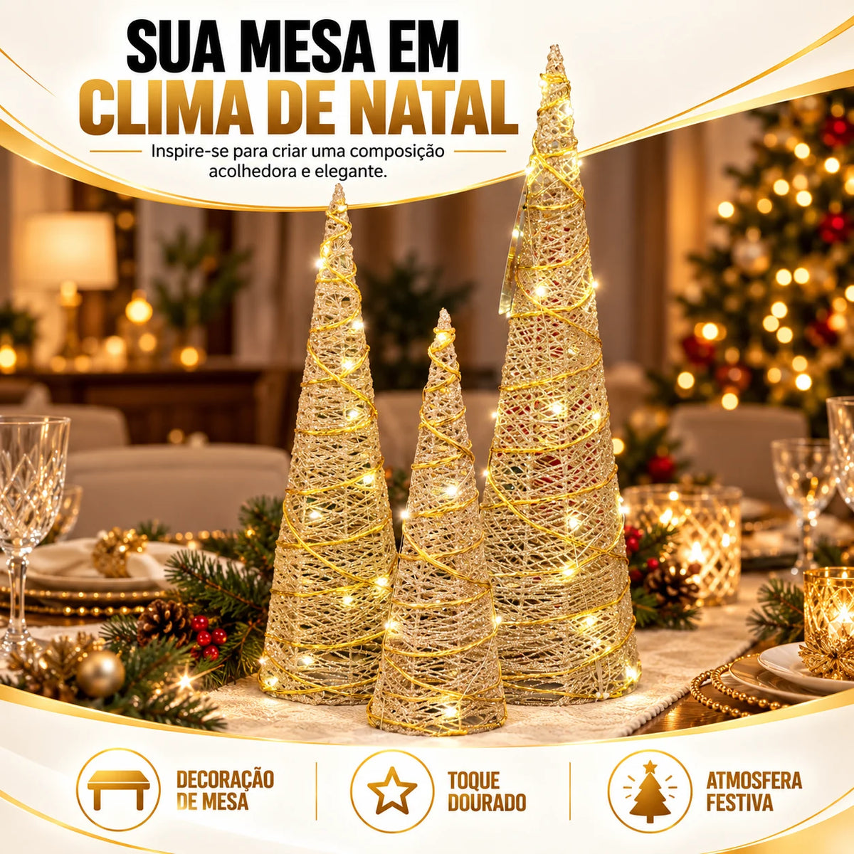 Trio de Árvores Cone Douradas com LED - 40, 50 e 60 cm