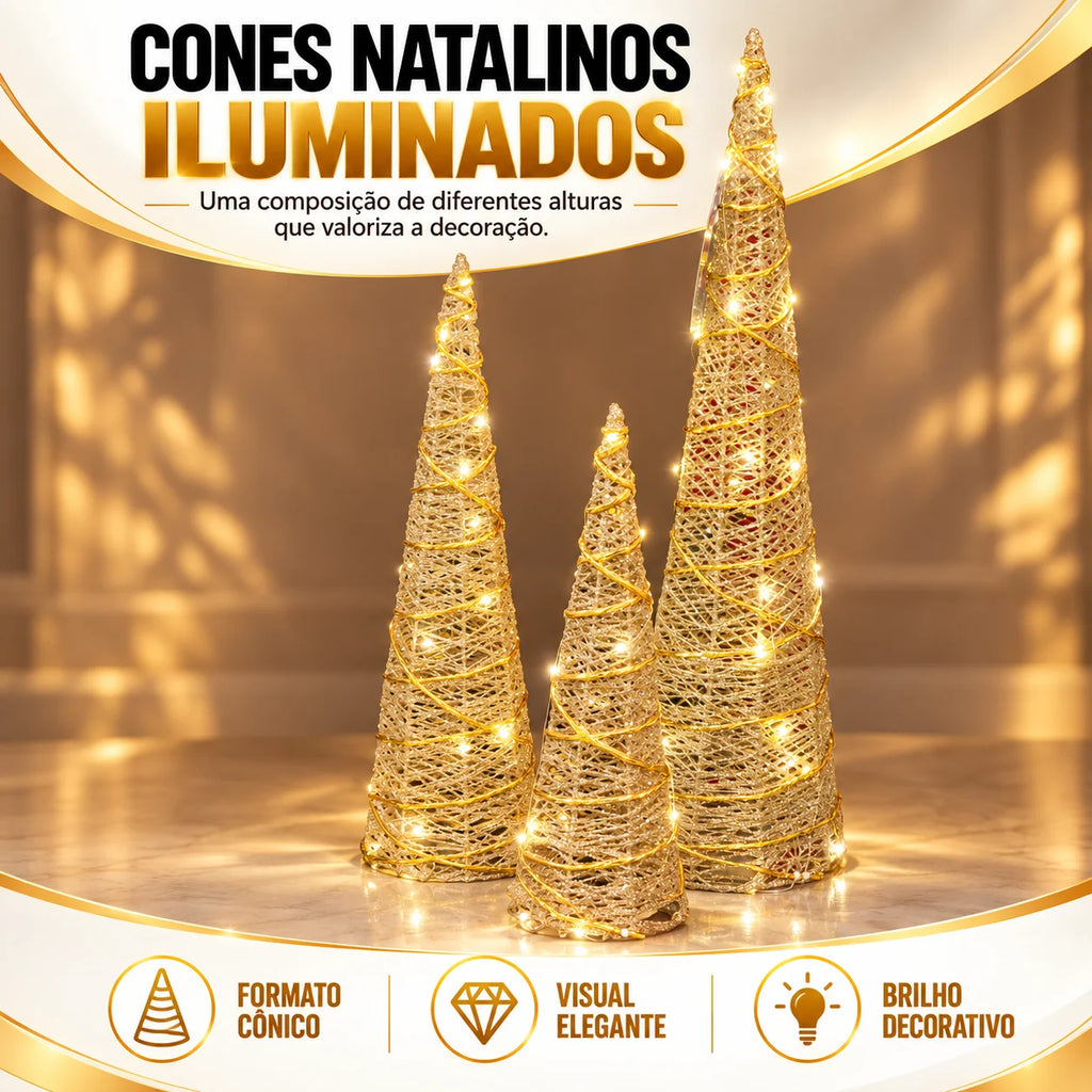 Trio de Árvores Cone Douradas com LED - 40, 50 e 60 cm