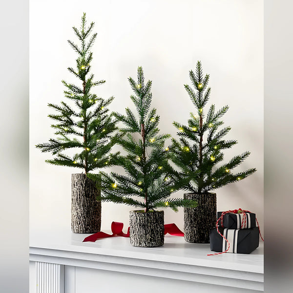 Trio de Mini Árvores de Natal Bosque Encantado com Vasos Rústicos e Luzes LED
